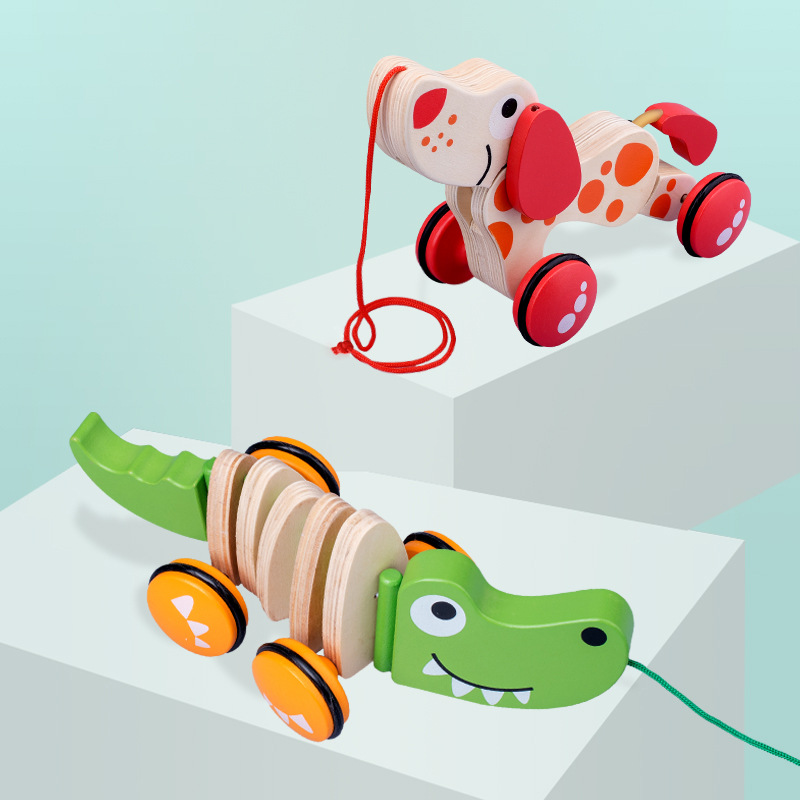 儿童木制拖拉车鳄鱼小狗蜗牛趣味牵引拉线动物跨境益智玩具0-3岁