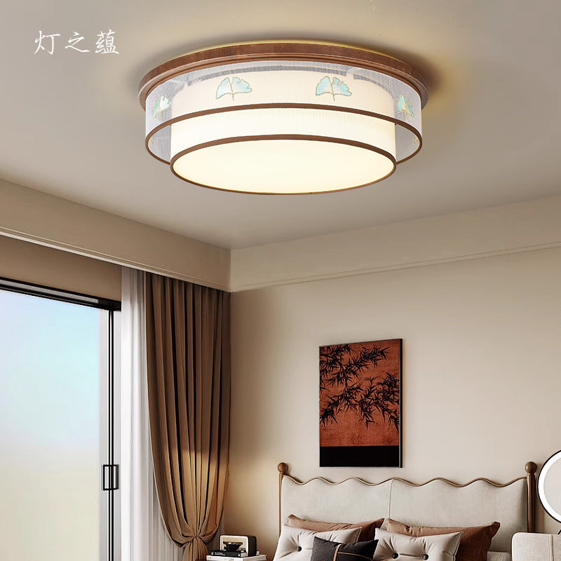 宋代美学银杏叶卧室吸顶灯东方禅意实木圆形主卧民宿酒店包厢书房