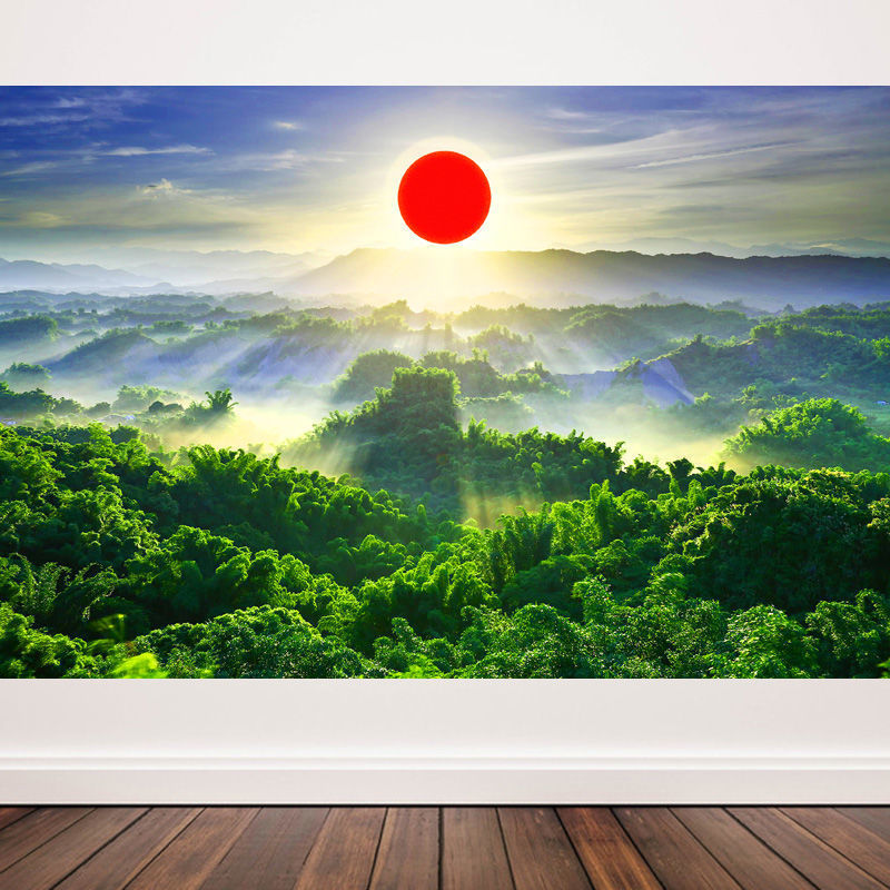 旭日东升 挂画绿色森林自然风景画海报太阳画压凶压贴墙画w24
