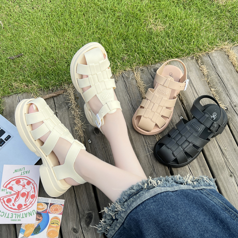 厚底凉拖鞋女夏季新款时尚百搭纯色罗马风包头拖鞋居家外穿防滑