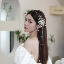 韩系新款水晶发带手工流苏花朵边夹耳环套装新娘结婚写真摄影配饰