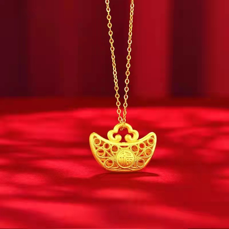 vietnam gold hollow money ingot pendant safety lock necklace brass gold plated hollow silk long life lock pendant