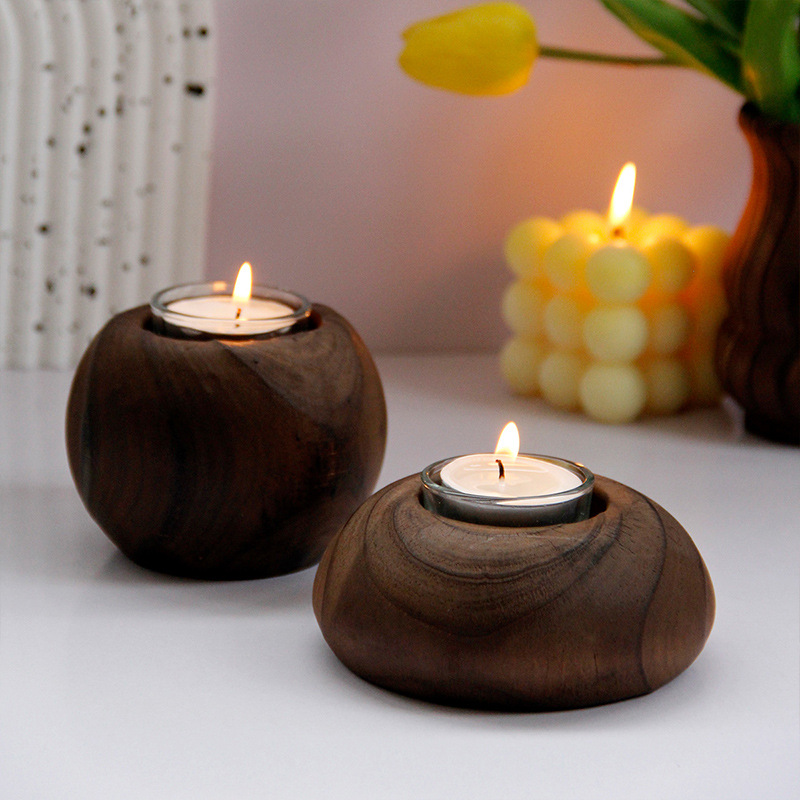 Retro Wood Candlestick Simple round Candle Holder Candle Cup Christmas Wedding Ceremony Cafe Decoration Ornaments