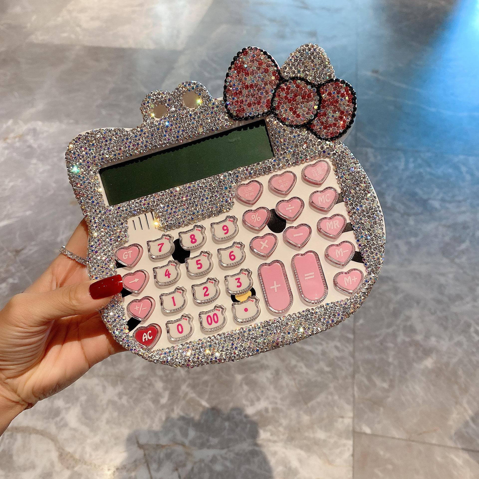 Hello Kitty Diamond Calculator Creative Gift Stationery Cat Cat Rhinestone Human Hair Voice Calculator Light Luxury Fashion