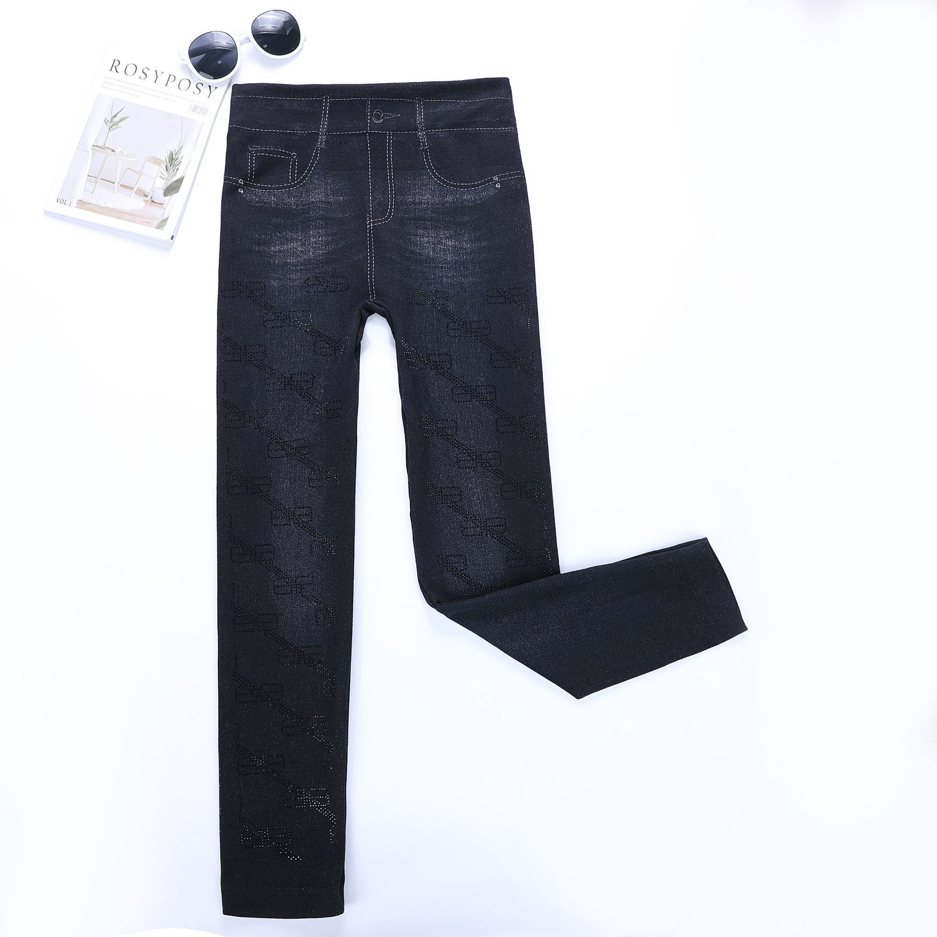 Women's Artificial Denim Leggings Spring and Autumn New Black Outer Wear High Waist Belly Contracting Cropped Pants Women's Fashion All-Matching Skinny Pants