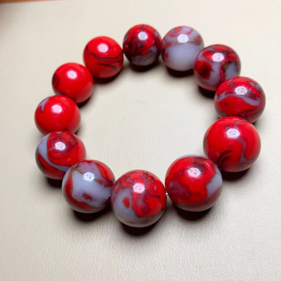 鸡血玉手链新疆和田玉鸡血石玉圆珠手链男女款天然金丝玉手链手串
