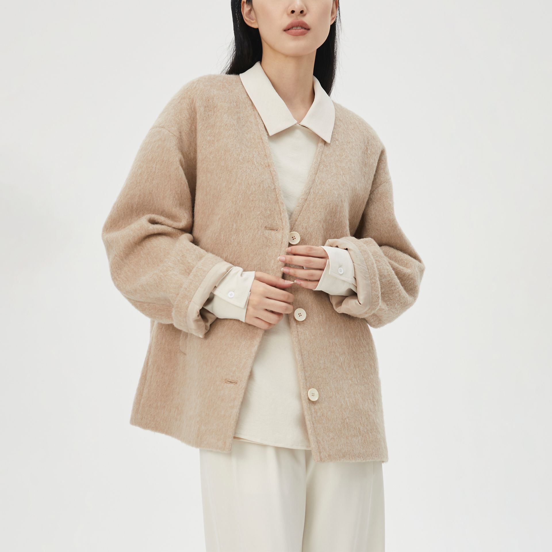 东大门系列宽松短款无领毛呢秋冬女显瘦小个子休闲通勤羊毛大衣