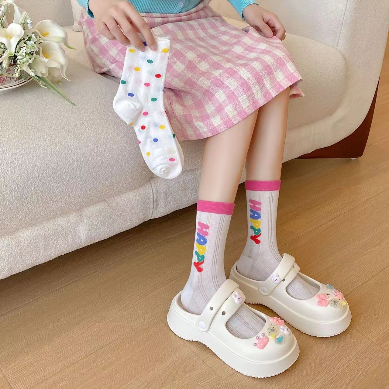 彩色波点可爱条纹棉袜子女中筒袜韩系ins风潮夏季薄款网眼堆堆袜