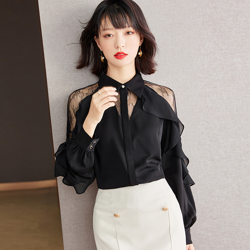 实拍#设计感衬衫纯色2022新款蕾丝衫宽松衬衣时尚优雅黑色上衣女