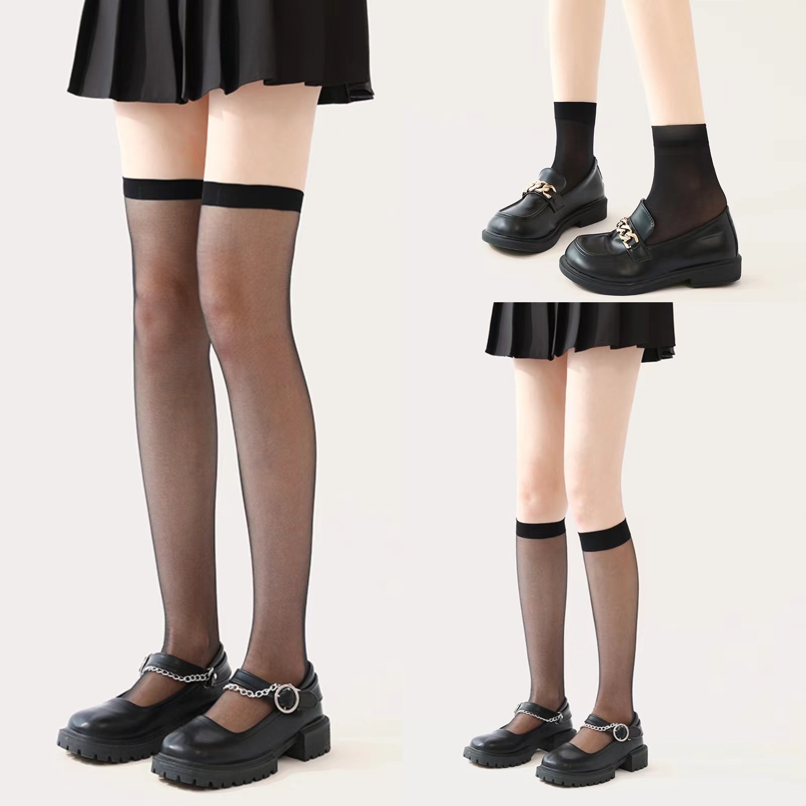 黑白jk袜子女春夏薄款长筒过膝丝袜 显瘦包芯丝小腿袜短袜批发