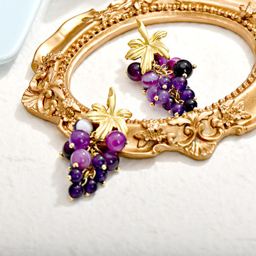 欧美时尚葡萄琉璃珍珠耳环法式复古葡萄叶水晶串珠长款网红耳环