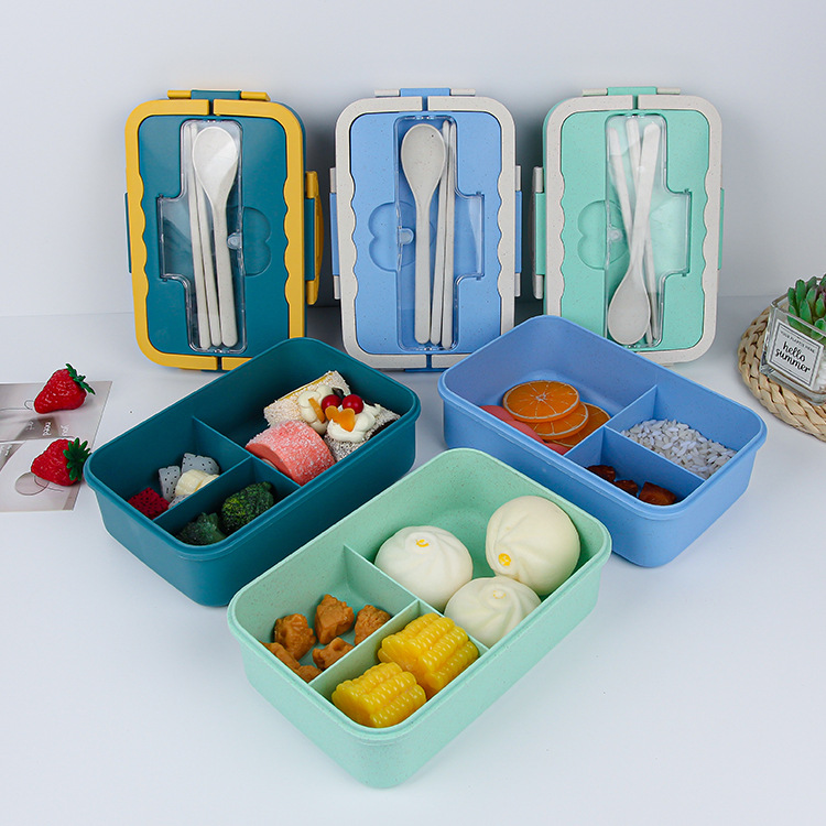 Wheat Straw Lunch Box Japanese Student Portable Lunch Box Compartment with Spoon Chopsticks Insulation Lunch Box