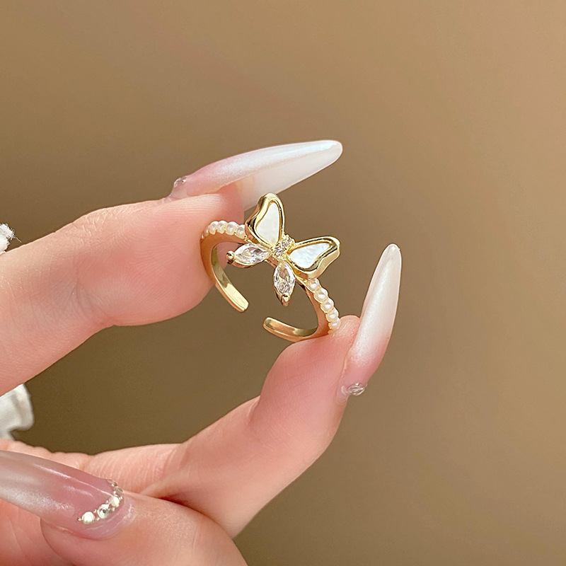 High-Grade Zircon Pearl Butterfly Shell Open Ring Minority Simple Index Finger Ring Light Luxury Fashion All-Match Bracelet