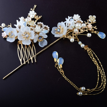 新娘古风发簪发梳一套步摇长款珍珠流苏琉璃复古宫廷汉服头饰批发