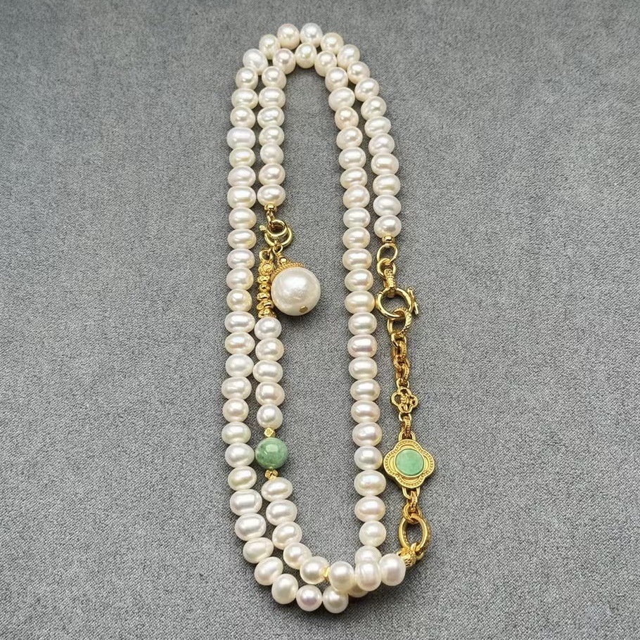 Natural Freshwater Pearl Necklace for Women S925 Silver Gold-Plated Cloisonne Baroque Pendant Jade Duobao Sweater Chain