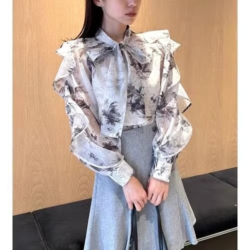 wzfs24013早春日系潮牌新品甜美荷叶边系带蝴蝶结印花衬衫上衣