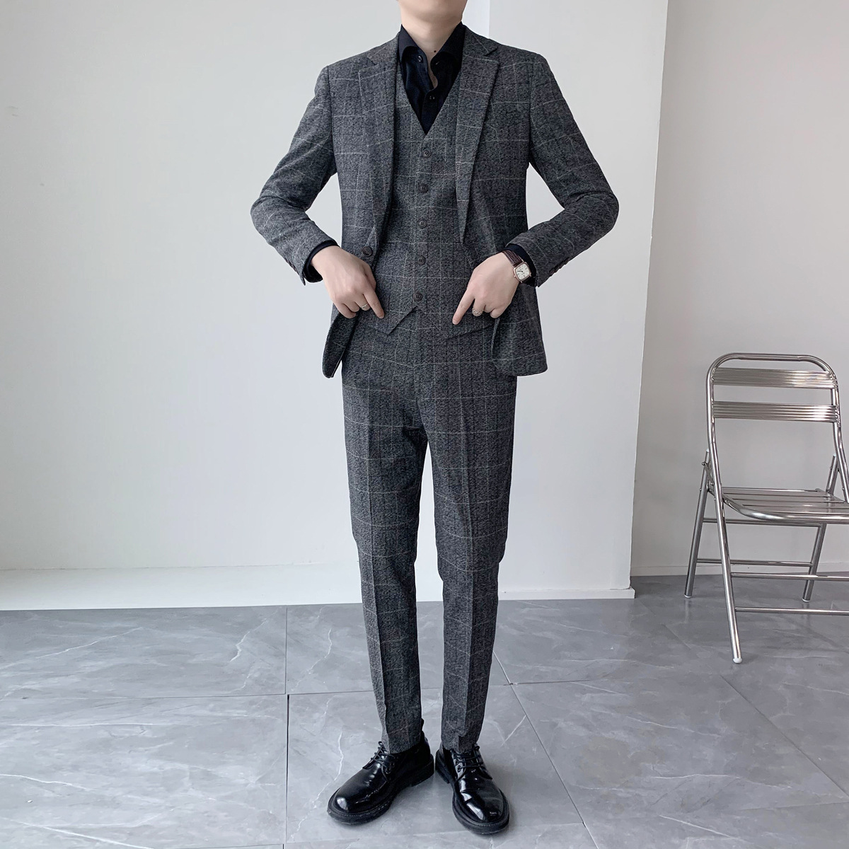 男士四季复古修身格纹西装三件套男士职业装伴郎宴会礼服西服套装