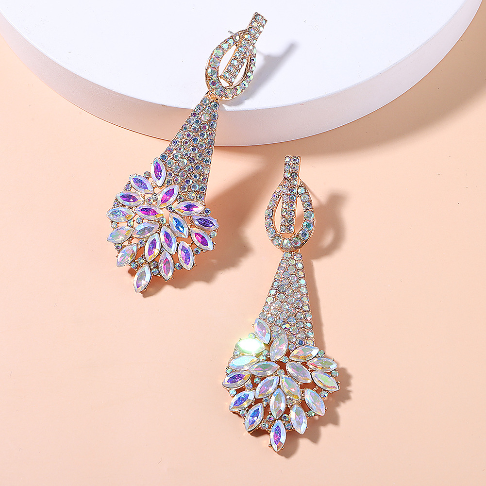 跨境新款欧美奢华时髦彩钻耳环合金镶嵌满钻花朵耳坠婚纱宴会配饰