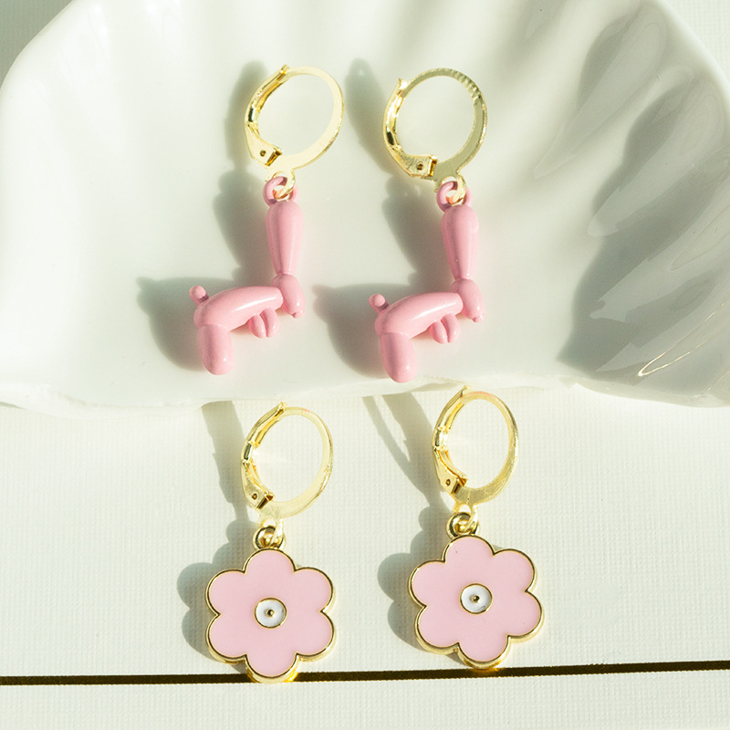 Europe and America Cross Border Pink Earrings Fashion Retro Minority Flower Bear Puppy Earrings Personalized Temperament Earrings Wholesale