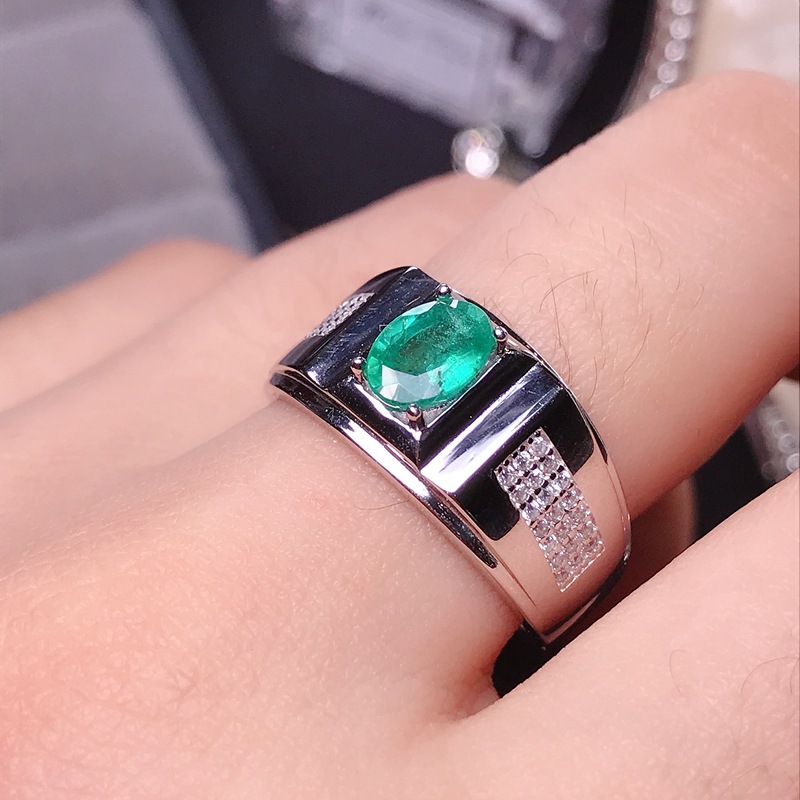 祖母绿戒指 925银镶嵌天然祖母绿戒指 男士祖母绿戒指 支持鉴定