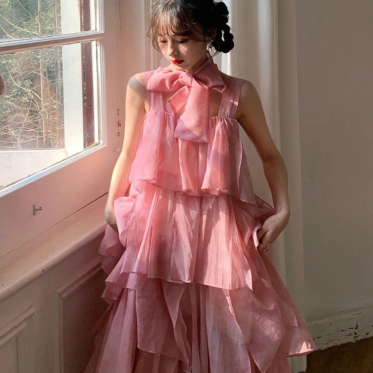 澳洲小众春新款粉色少女感仙女风公主裙度假旅拍多层网纱连衣裙女