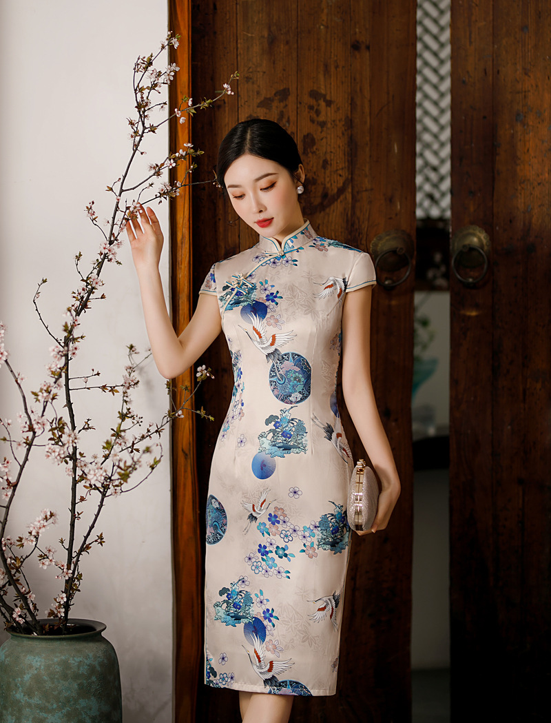 2021新款清新中长款修身旗袍 立领边复古提花双层气质旗袍