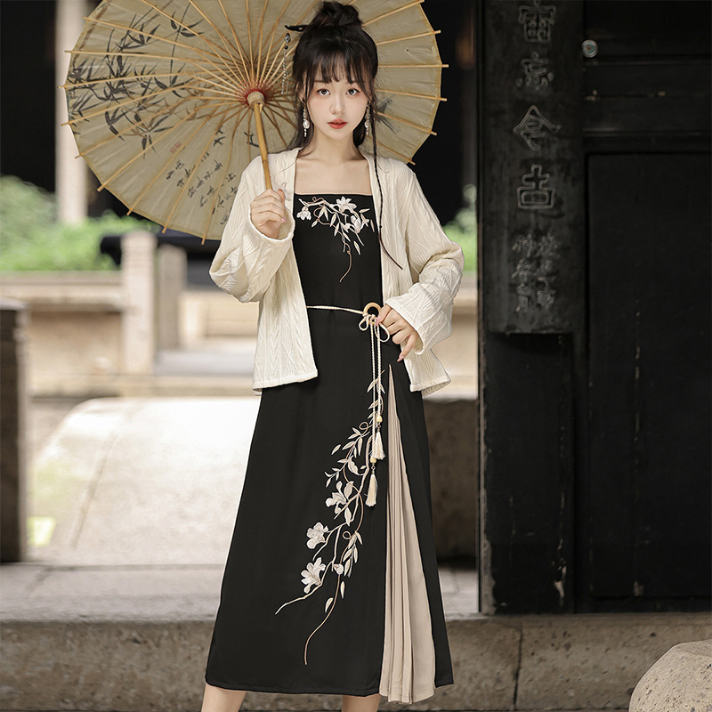 原创设计蝶花涧中国风改良汉元素汉服女对襟衫吊带裙套装8810