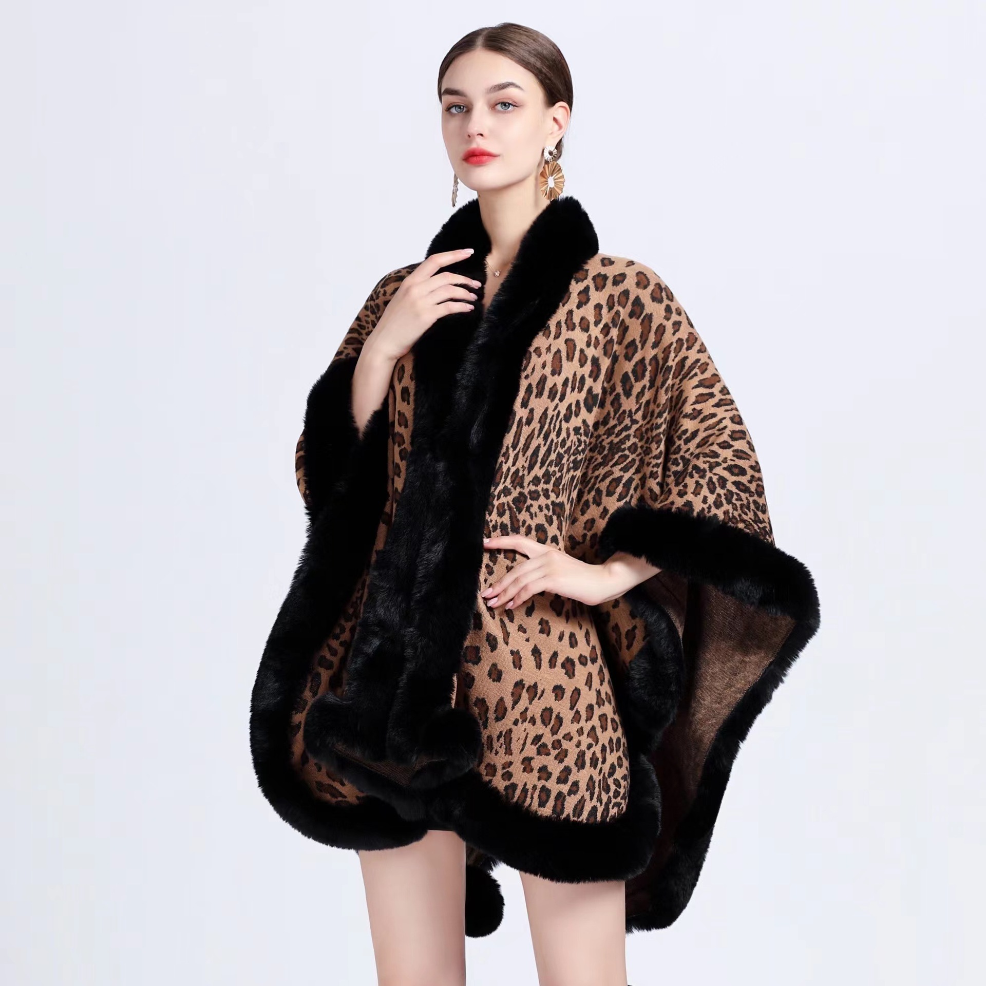 808# European and American Autumn and Winter New Imitation Rex Rabbit Fur Collar Leopard Jacquard Shawl Cape Oversized Knitted Cardigan Coat for Women