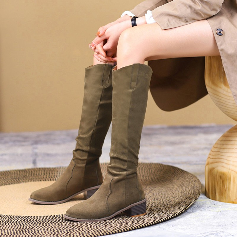 堆堆长筒骑士靴子女2024秋冬新款欧美绒面尖头粗跟显瘦时装长靴女