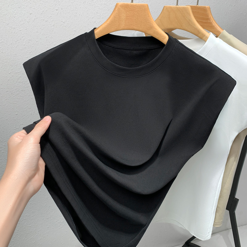 Right-Angle Shoulder Padded Shoulder T-shirt Women's Summer 2023 New Women's Simple Crew Neck Short Sleeve T-shirt Waist Solid Color Top