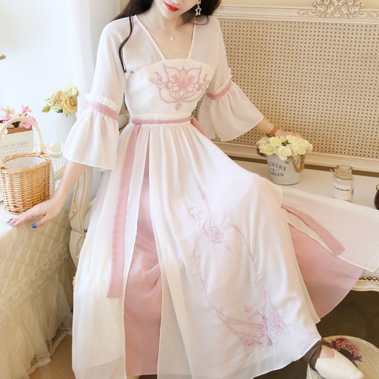 古装服装仙女飘逸清新淡雅汉服夏女改良古风连衣裙中国风日常裙子
