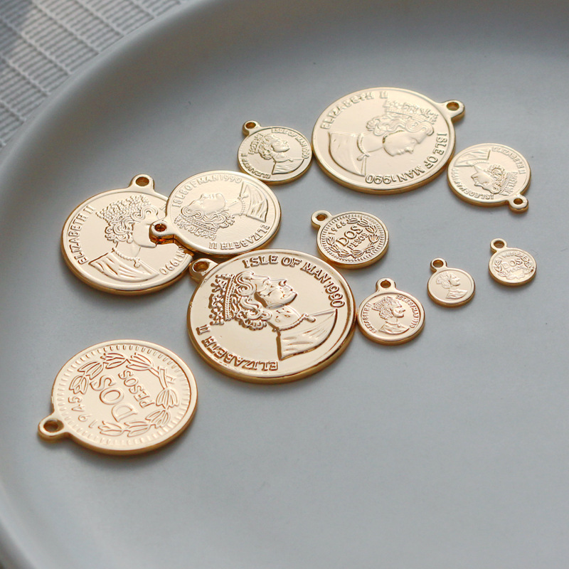 14k铜包金保色dos1945人像钱币圆形吊坠diy手工手链项链耳坠吊牌