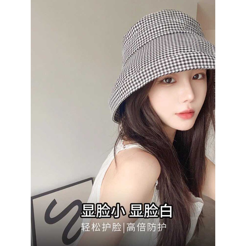 千鸟格子防晒渔夫帽女款夏季防紫外线大檐遮阳帽遮脸时尚太阳帽子