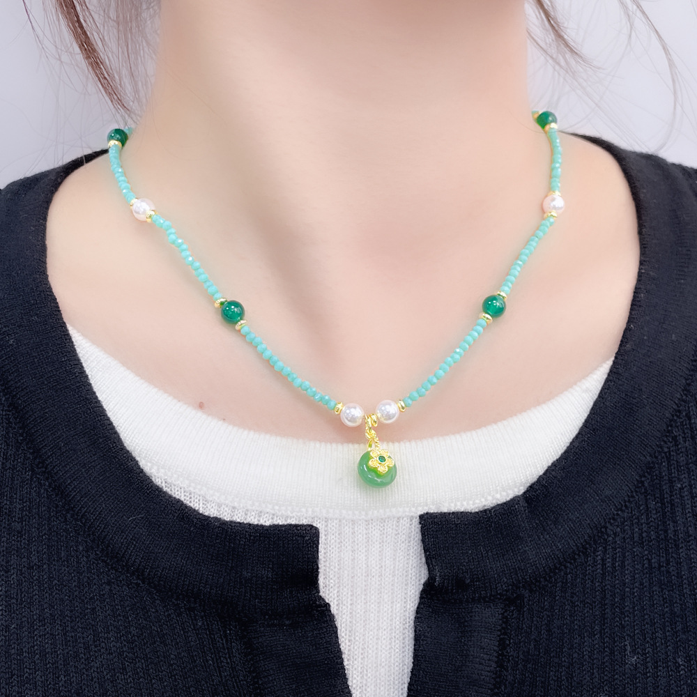 新中式国风项链轻奢小众高级感混彩串珠锁骨链玛瑙珍珠平安扣吊坠