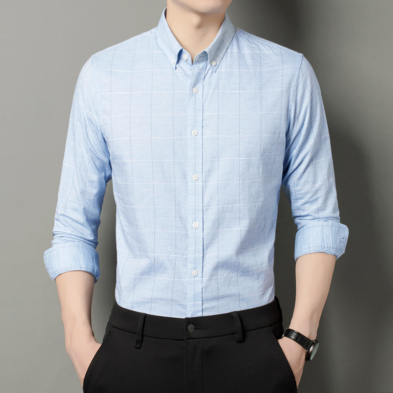 中年时尚都市男装衬衫2023年春季格子新款纯棉长袖修身型常规方