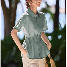 简约POLO领短袖衬衫女夏季新款设计感通勤收腰显瘦天丝质感上衣女