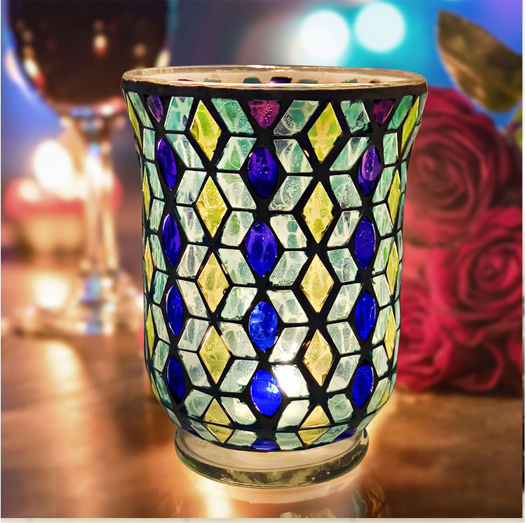 纯手工黄蓝柳叶菱形马赛克贴片玻璃烛台防风风灯浪漫烛光家居摆设