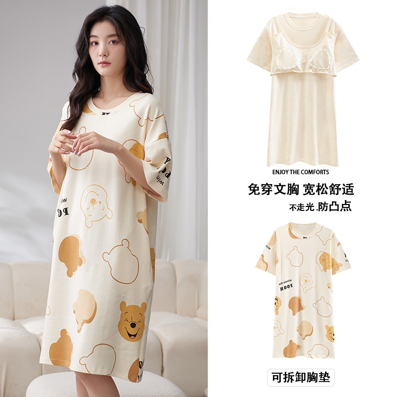 23 Summer Pure Cotton Women's Nightdress Cotton Outer Wear Student's Dress Thin Simple round Neck plus-Sized Version Loose Women's Nightdress