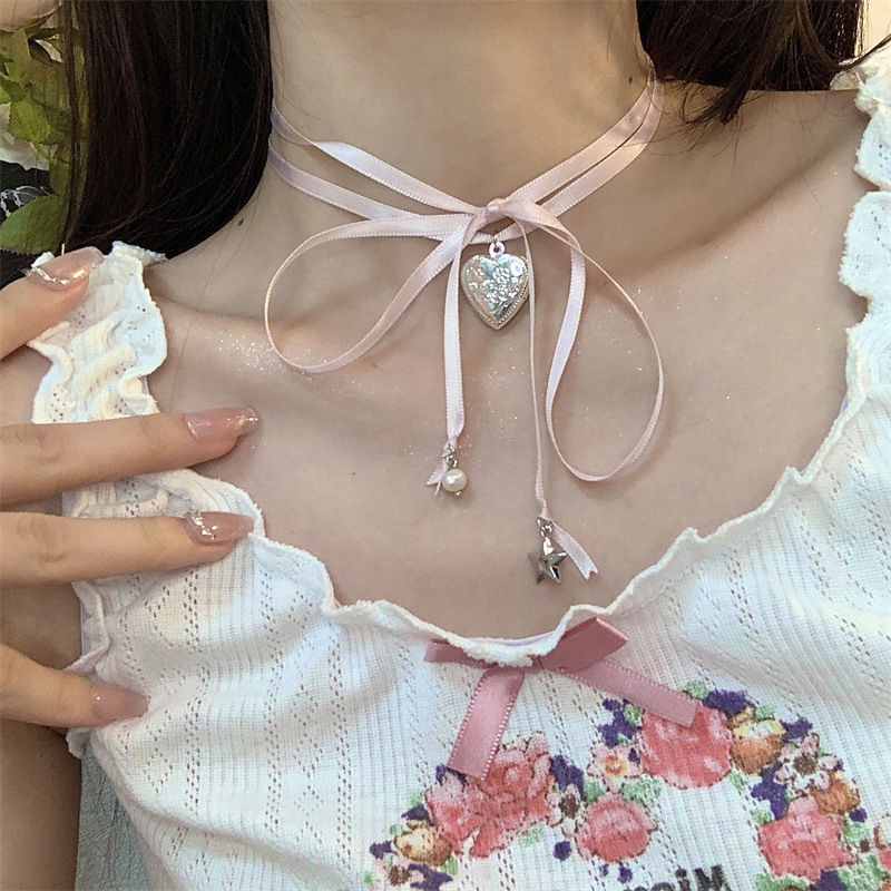少女时代~丝带绑带粉色爱心项链choker颈带芭蕾风脖子锁骨配饰夏