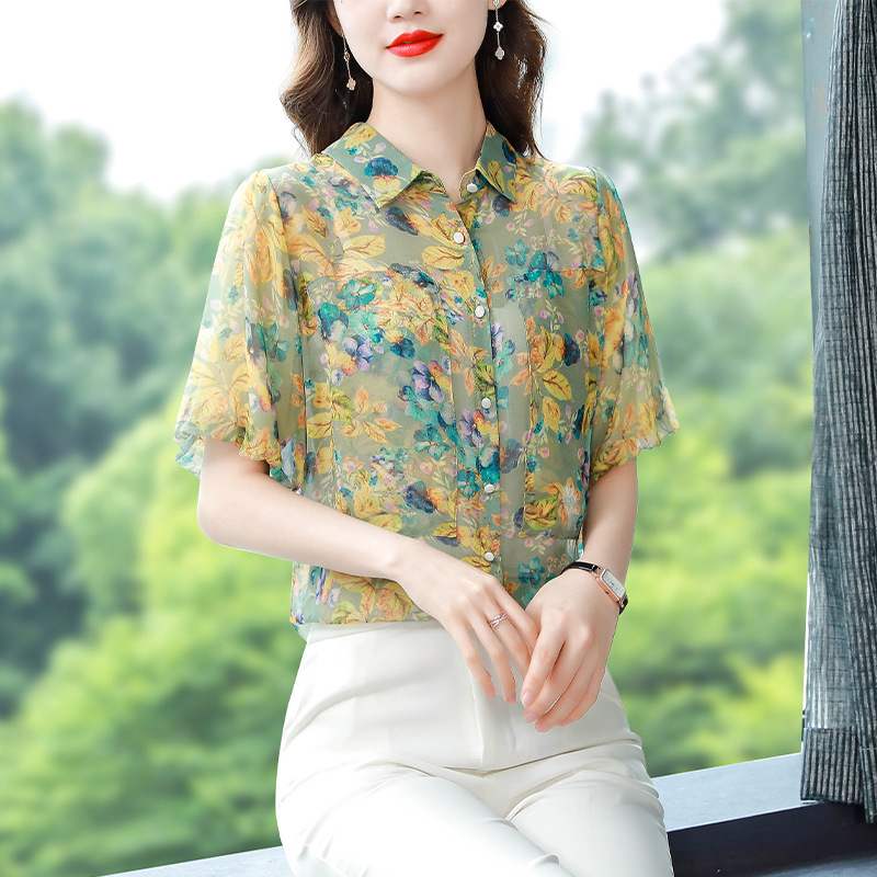 真丝衬衫女2022夏新款复古港风花衬衣设计感泡泡袖法式桑蚕丝上衣