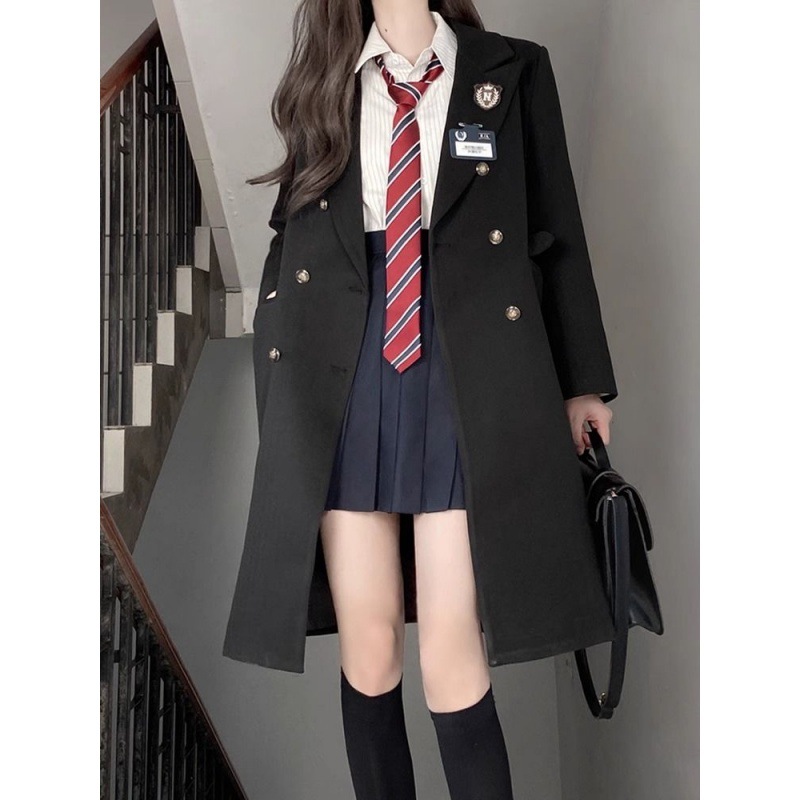 学院风外套毛呢jk制服外套大衣女2024年冬季新款黑色中长款风衣