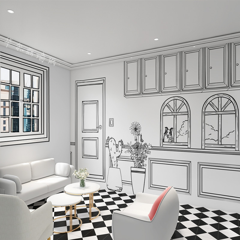 简约手绘素描黑白漫画墙纸 网红打卡拍照背景墙奶茶店自拍馆壁纸