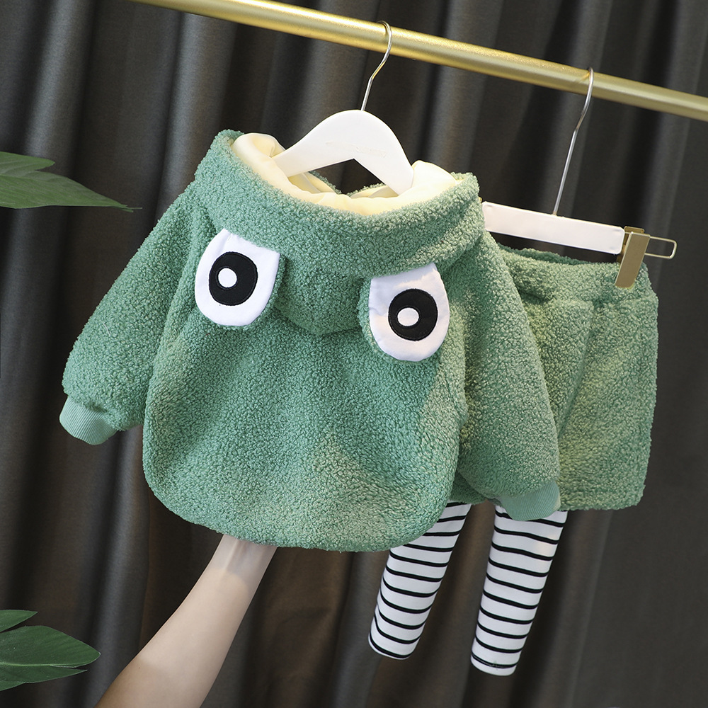 4435#儿童卡通时尚休闲毛毛卡通二件套连帽可爱套装宝宝衣服保暖