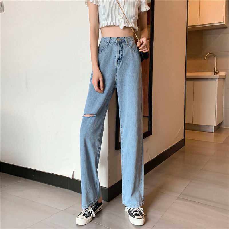 直筒牛仔裤女宽松韩版学生破洞显瘦ins女生裤子新款乞丐阔腿裤长
