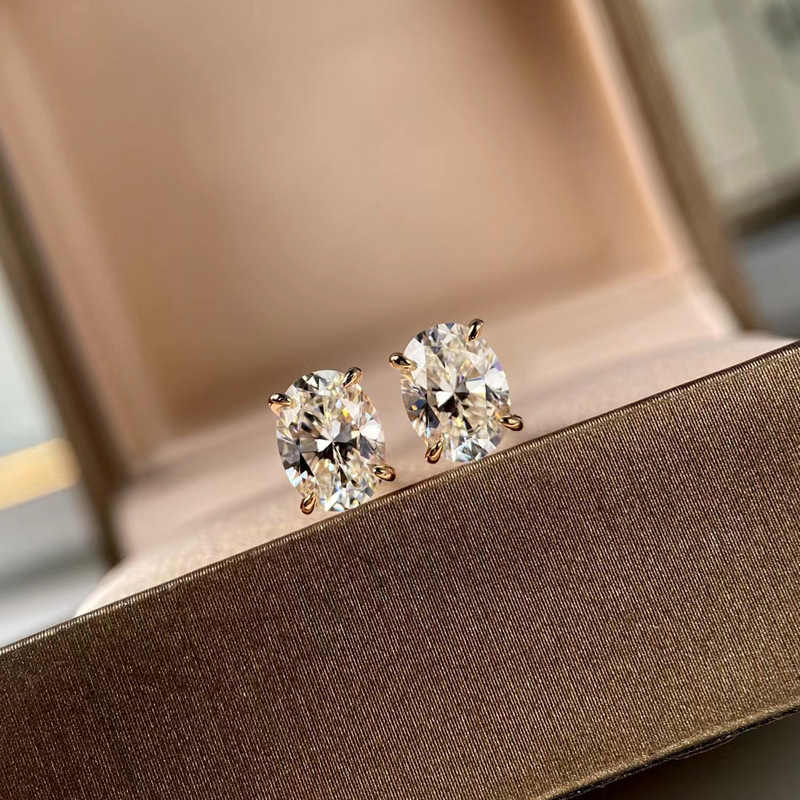 蛋形耳钉女纯银镀18k金1.25克拉椭圆形钻石时尚简约经典甜美耳饰