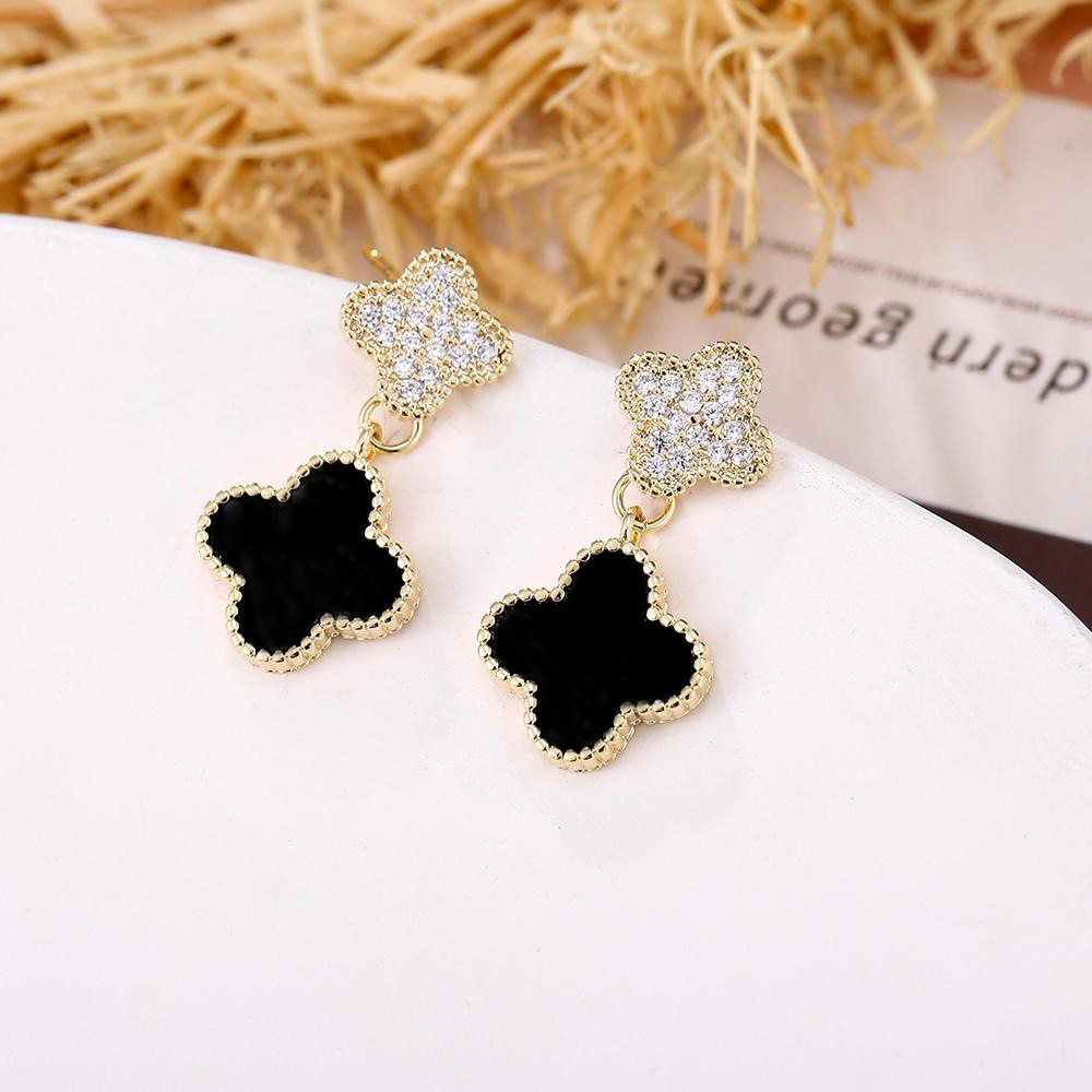微镶锆石大小幸运四叶草拼接耳挂韩国轻奢高级感时尚宴会耳坠耳饰