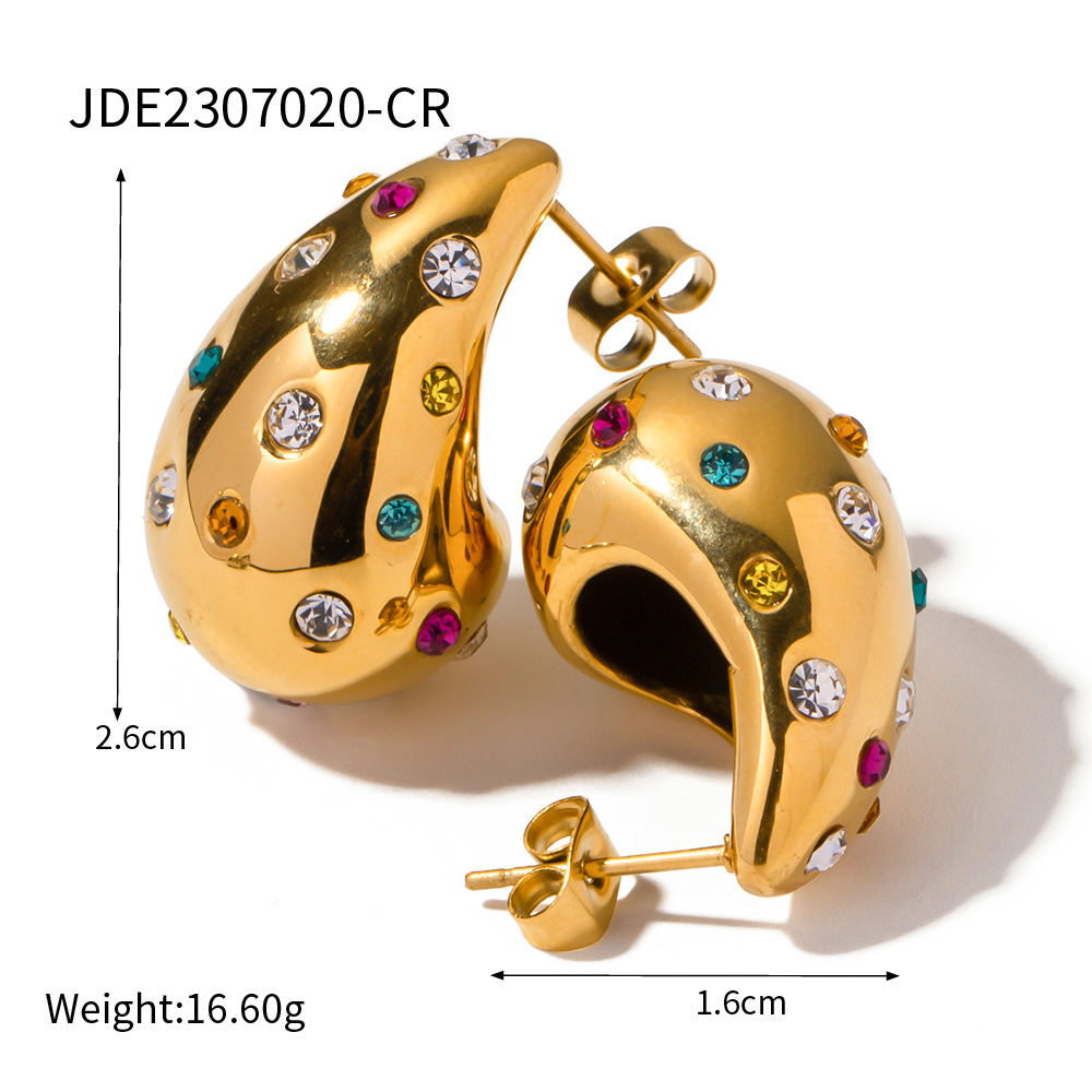 High-End Design Sense 18K Gold Chubby Water Drop Titanium Steel Earrings Inlaid Zircon Fashion All-Match Geometric Earrings Batch