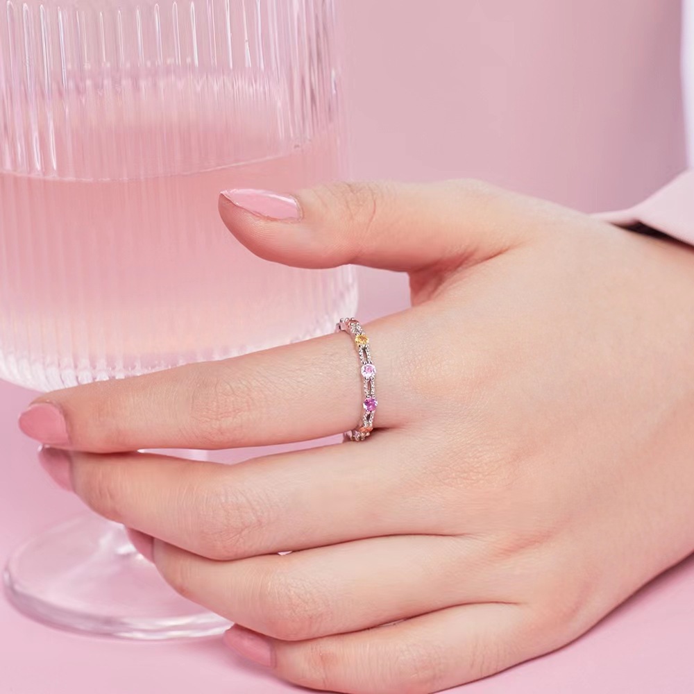 925银糖果色排钻戒指女日韩时尚轻奢ins小众设计气质彩虹锆石指环