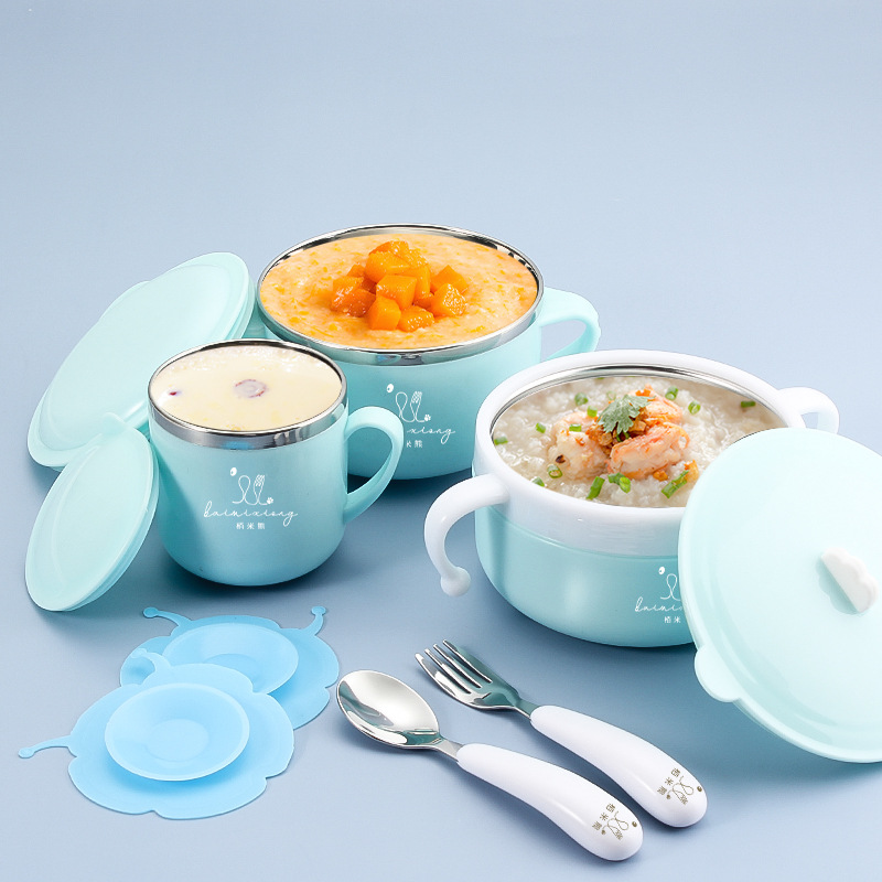 304 Stainless Steel Children‘s Bowl Suits with Suction Cup Water Bowl Grinding Solid Food Bowl Maternal and Child Supplies Tableware Set