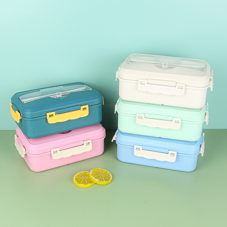 Wheat Straw Compartment Lunch Boxes Student Office Worker Japanese Ins Style Bento Box with Rice Lunch Box with Fork Spoon and Chopsticks